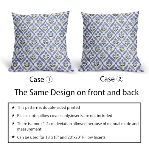 Smozenith Blue Green Floral Block Print Pillow Covers 18X18 Set of 2, Flower Pattern Spring Summer Print Decorative Throw ...