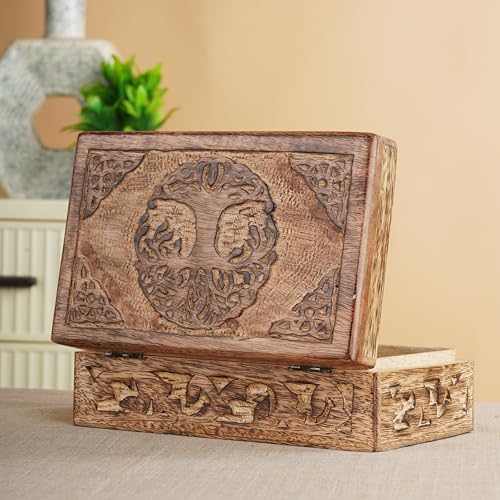 Ajuny Wooden Jewelry Box - Hand Carved Mango Wood Tree of Life Celtic Carving Decorative Multipurpose Keepsake Box, Treasu...