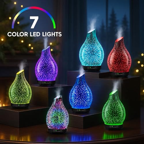 JOYOLO 120ML Essential Oil Diffuser, 3D Glass Aromatherapy Diffuser with Auto Shut-Off and 7 Color LED Lights, Ultrasonic ...