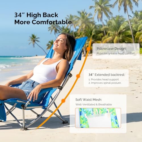 VINGLI Low Beach Chairs, High Back Chairs with Carry Bag，Foldable Portable Backpack Beach Chair for Camping Picnic LAN-2 Pack