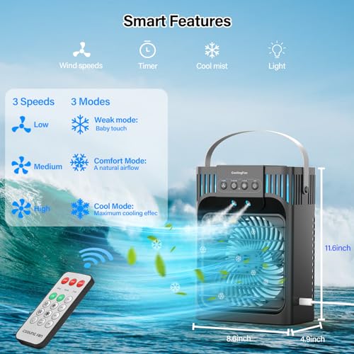 Portable Air Conditioner Cooling Fan with Remote, Quiet with 3 Speeds, 1200ml Personal Air Cooler Fan with 3 Mist, 7 Night...