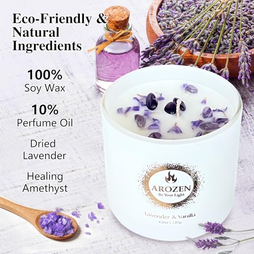 AROZEN 3 Pack Scented Candles Gift Set for Women – Lavender, Ocean, Rose Soy Candles with Crystals & Seashells, 70-Hour To...