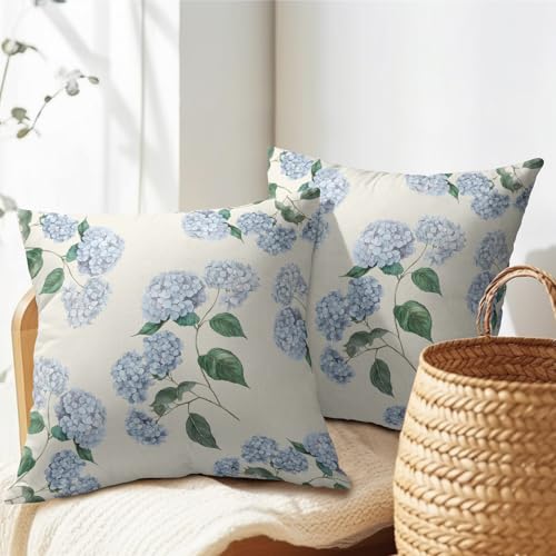 Kawani Blue Hydrangea Pillow Covers 18x18 Inch Set of 2 Blue Floral Outdoor Decorative Throw Pillow Covers Rustic Flower P...