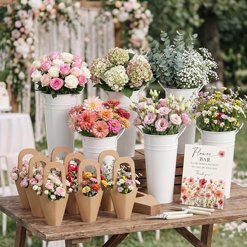 LEIFIDE Flower Bar Buckets Set Kit Bloom Bar Supplies Include Wood Sign Gift Bags Iron Bucket Garden Flower Shears for Wed...