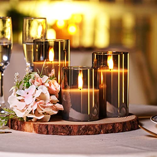 Homemory Grey Glass Flameless Candles, Battery Operated LED Pillar Candles with Remote Control and Timer, Radiance Candle...
