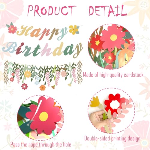 3 Pcs Flower Happy Birthday Decorations Hanging Paper Flower Garland Banner Spring Birthday Banner Groovy Boho Floral Part...