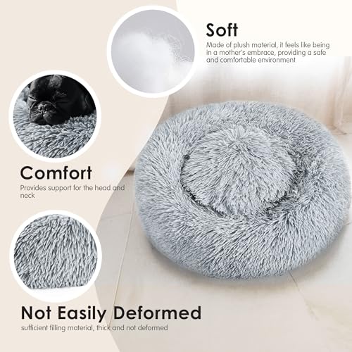 Hoewina Dog & Cat Bed for Indoor Cats, 20in Calming Donut Bed for Puppy and Kitten, Washable Round Fluffy Pet Bed for Smal...
