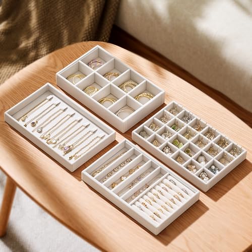 Velvet Jewelry Drawer Organizer Trays – 4-Layer Stackable Jewelry Storage Inserts Set, Beige Jewelry Tray Set for Earring...