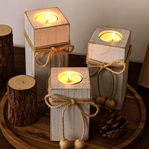 MelonBoat Rustic Flameless LED Candles 3-Pack, Battery Operated Candles with Wooden Candle Holders, White Rustic Farmhouse...