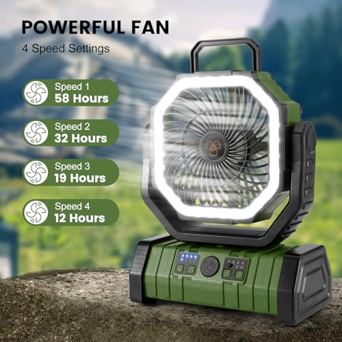 Odoland 30000mAh Camping Fan with LED Lantern, Rechargeable Battery Operated Oscillating Fan with Remote & Hook, Portable ...