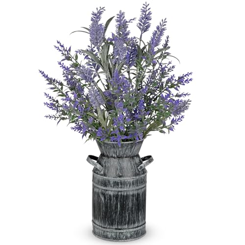 Artificial Lavender Flowers with Rustic Metal Vase 17 Inch Faux Lavender Plant Arrangement in Galvanized Planter Vintage F...