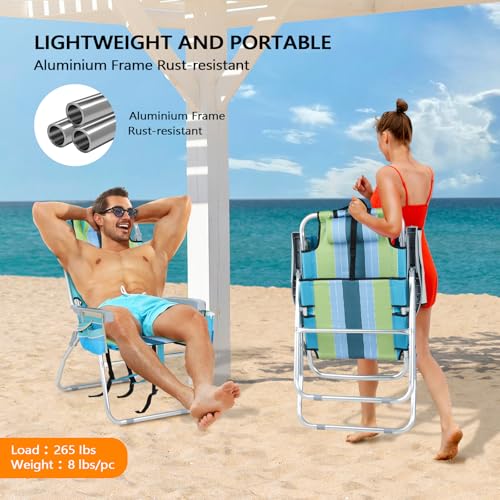 VINGLI Tall Beach Chair 2 Pack Lightweight, Backpack Beach Chair for Adults with 5-Position, Cooler Bag, Cup Holders, Towe...
