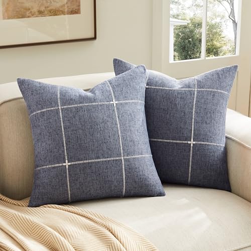 YZJZEDS 2 Packs Grid Embroidery Throw Pillow Covers, 20x20 Inch Navy Blue, Farmhouse Linen Decorative Navy Blue Cushion Co...
