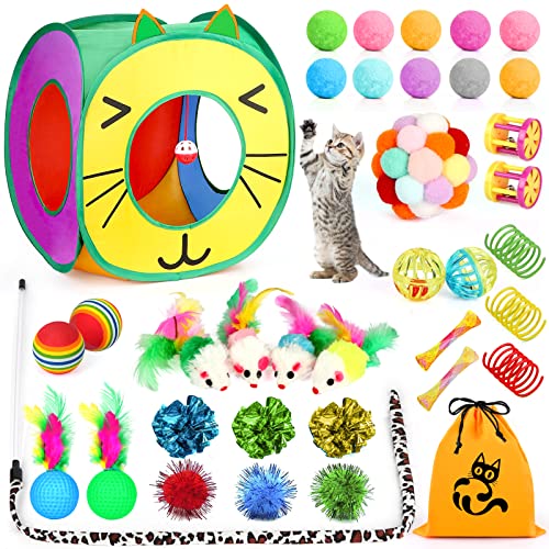 37 PCS Interactive Kitten Toys for Indoor Cats - Variety Set With Collapsible Tunnel Tube Tent, Feather Teaser Wand, Bell,...