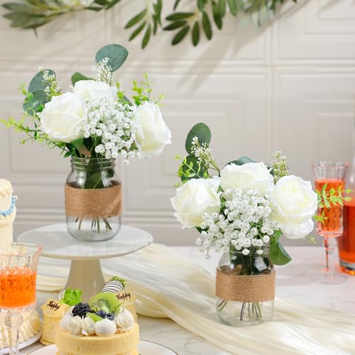 Yuxung 43 Pcs/ 6 Set Rose Mason Jar Table Centerpiece Mason Jar Vases Faux Floral with Rope Boho Rustic Flower Table Decor...