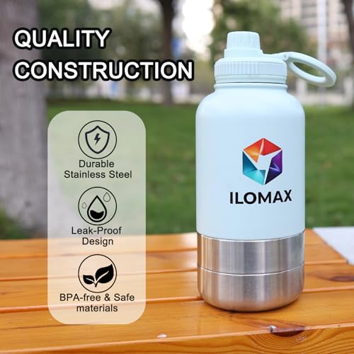 ILOMAX 3-in-1 Stainless Steel Dog Travel Water Bottle with Food & Water Bowls, Leak-Proof & Insulated, Extra Magnetic Lid,...