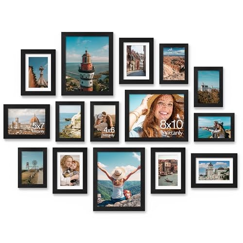 Vittanly 15 Pack Picture Frames Collage Wall Decor for Mounting or Tabletop Display, Gallery Frame Set for Family, Multi S...