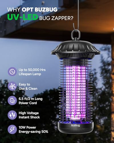 Buzbug LED Bug Zapper Indoor Outdoor, Up to 50000 Hrs Lifespan Lamp, Energy Saving & Dual Band Attraction, 5.6 ft Power Co...