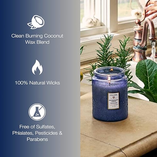 Voluspa Mediterranean Lemon Candle Jar, 18 oz, Coconut Wax Blend, Large Scented Candles for Home, 100 Hour Burn Time, Pour...