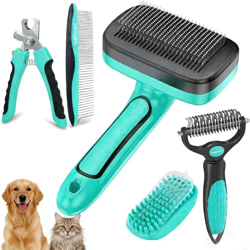 WOPQAEM 5 PCS Self Cleaning Slicker Brush & Pet Grooming Rake & Bath Brush & Nail Clippers & Pet Comb for Dogs and Cats,Pr...