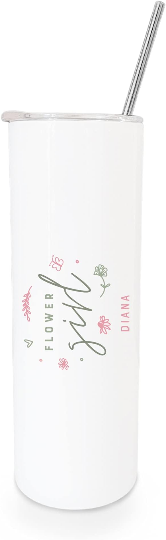 The Cotton & Canvas Co. Personalized Name Floral Flower Girl Insulated Stainless Steel Wedding Tumbler with Metal Straw, W...