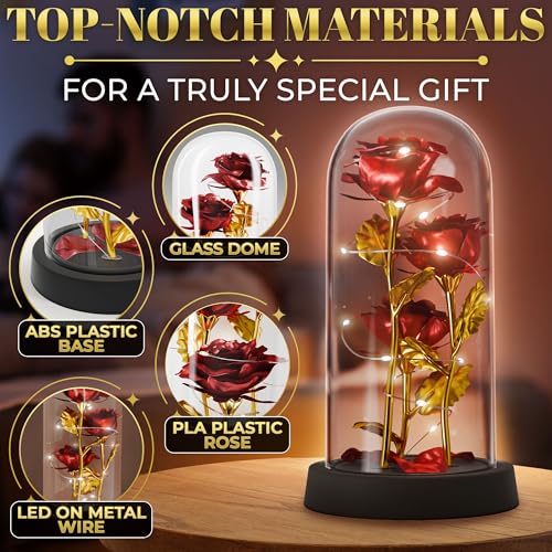 Rose in Glass Dome with LED Lights in Gift Box — Mothers Day Gifts for Mom Grandma, Birthday Gifts for Women, Lighted Glas...