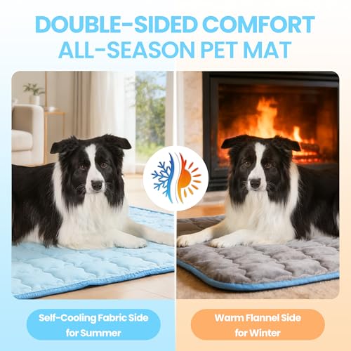 Dog Cooling Mat, Double-Sided with Cooling Fabric & Warm Flannel, 43.3" x 31.5" Thickened Cooling Mat for Dogs, No Electri...