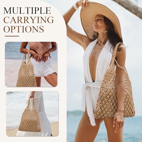 Pleneal Beach Bags for Women - Women Beach Tote Bag, Summer Mesh Hollow Straw Tote Bag for Holiday Market