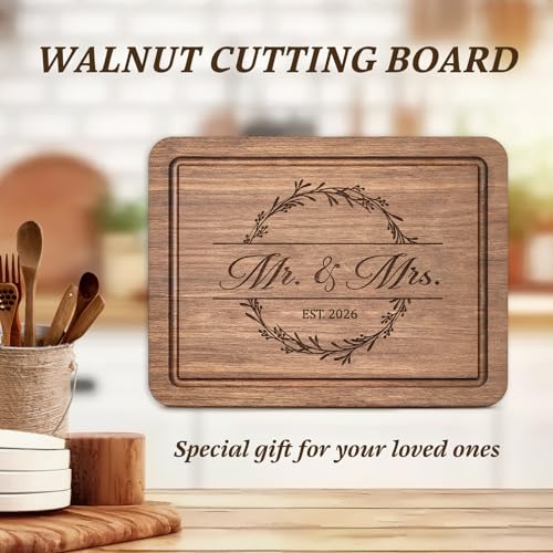 Craftique Wedding Gifts for Couples 2026, Bridal Shower Gifts- Walnut Wood Cutting Board Engraved with Mr. and Mrs. EST. 2...
