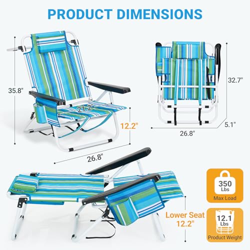 Beach Chair for Adults,Portable 5 Position Backpack Beach Chair Reclining, Lay Flat Lightweight Folding Camping Chair w/La...