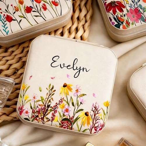 Custom Travel Jewelry Box with Name Birth Flower, Personalized Small Travel Jewelry Case for Rings, Earrings, Necklaces, C...