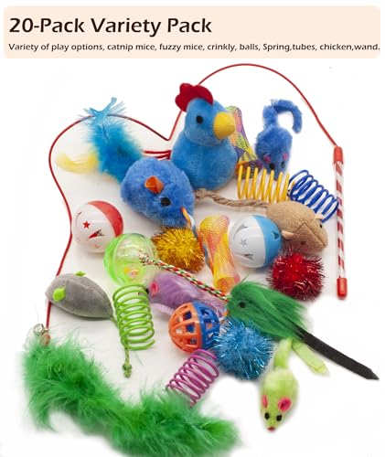 Fashion's Talk Cat Toys, Kitty Variety Pack for Kitten Cats, 20 Count Plush, Teaser & Ball Catnip Mice Cat Spring