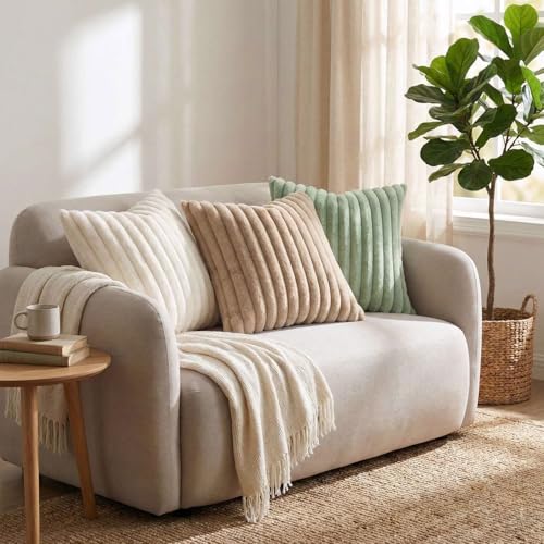 Pallene Faux Fur Plush Throw Pillow Covers 18x18 Set of 2, Luxury Soft Fluffy Striped Decorative Pillow Covers for Sofa, C...