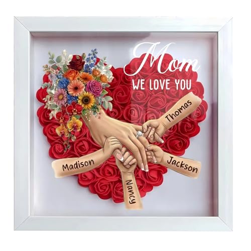 Personalized Mommy Holding Hands Flower Shadow Box with Ring and Manicure, Custom Kids Names Floral Heart Led Light Frame,...