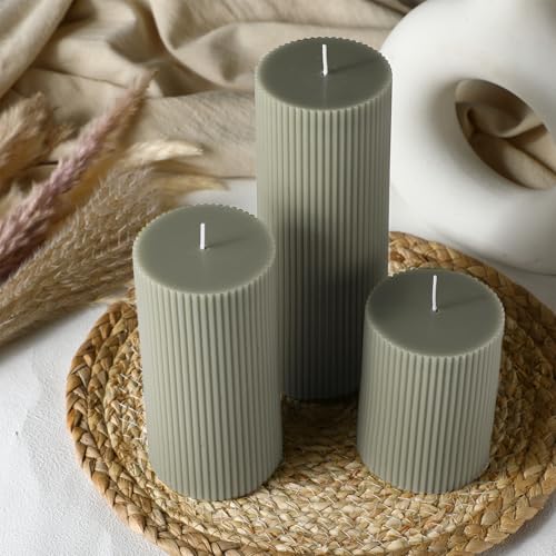 Conelist Ribbed Pillar Candles Set of 3, Width 3" High 4" 6" 8" Large Soy Wax Orchids Scented Pillar Candles Aesthetic Rib...