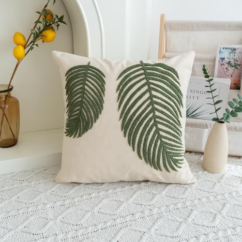 VANNCIO Linen Green Leaf Throw Pillow Cover, Square Pillowcase with Tufted Tropical Palm Leaves, Modern Decorative Cushion...
