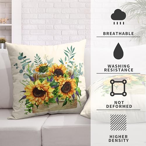Kwlegh Sunflower Pillow Covers Spring Summer Floral Throw Pillow Covers Set of 2 Sunflowers with Eucalyptus Leaves Farmhou...