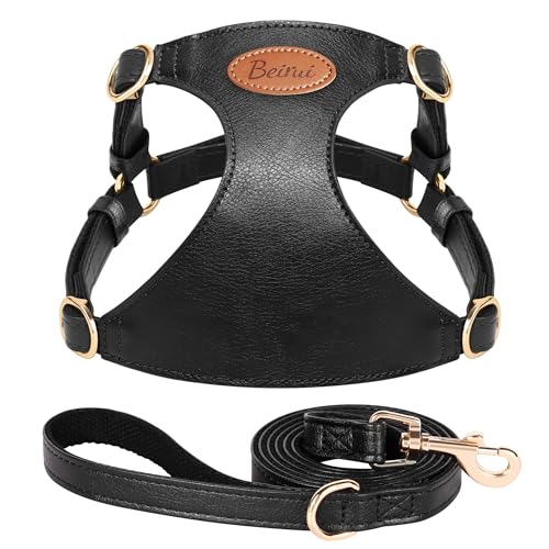 Beirui ‌Stylish PU Leather Dog Harness‌ and Leash Set for Small Dogs, ‌Adjustable Step in Puppy Harness with Breathable Me...