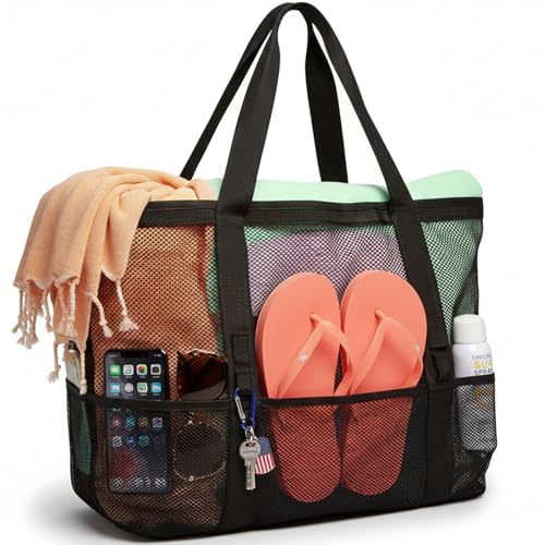 F-color Mesh Beach Bag - Large Beach Tote for Cruise Travel, Toys Pool Bags for Family Vacation Essentials
