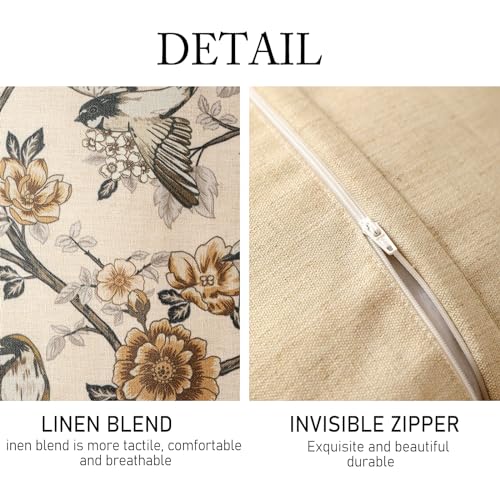 ISAENNE Design Linen Chinoiserie Square Throw Pillow Covers 18"x18", Farmhouse Cushion Covers with Yellow Floral Birds Pat...