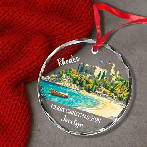Greece Rhodes Beach Xmas Glass Ornament, City Travel Souvenir Collection Keepsake Gifts, Custom Text & Name Travel Enthusi...
