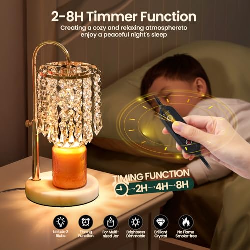 Candle Warmer Lamp with Timer Dimmer，2H/4H/8H Timer , Lamp Candle Warmer with Marble Base for Adjustable Height, Crystal W...
