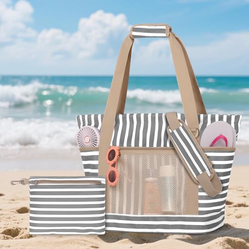 Fasrom Beach Bag for Women with Zipper, Waterproof Beach Tote with Wet Dry Compartment and Small Pouch for Pool, Swim, Travel