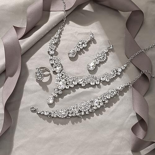 EVER FAITH Rhinestone Crystal Bridal Floral Wave Teardrop Necklace Earrings Set