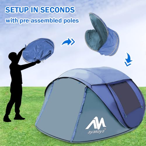 4 Person Pop Up Tents for Camping - AYAMAYA Upgraded Large Size & Skylight & Removable Rainfly & 2 Doors & Waterproof Inst...