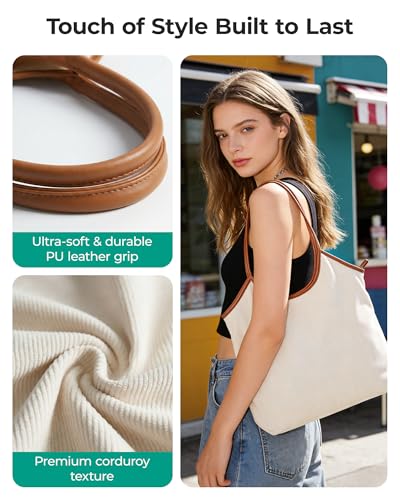 BAGSMRT Corduroy Tote Bag for Women Beach Bag with Zipper Casual Shoulder Bag Lightweight Travel Tote Hobo Handbag | PU Le...