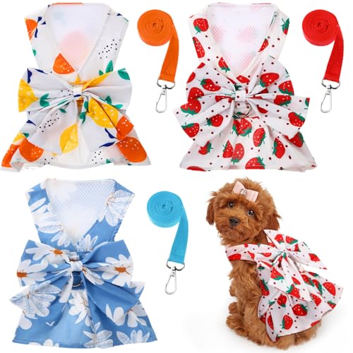 Bulyoou 3 Pieces Dog Harness Dress and Leash Set Cute Female Dog Dresses Assorted Styles Puppy Clothes Breathable Polyeste...