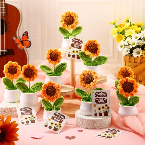 Soaoo 12 Sets Teacher Gifts Crochet Flowers with Thank You for Helping Me Grow Cards Appreciation Gifts for Teachers Cowor...