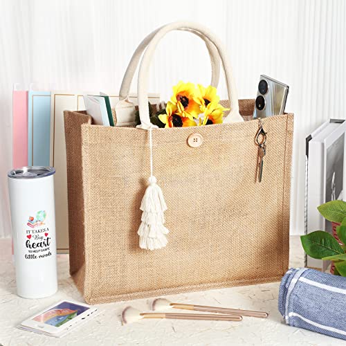 Woanger 4 Pack Burlap Tote Bags for Women Bridesmaid Jute Gift Bag with Handles and Tassels Reusable Grocery Bags for Wedding