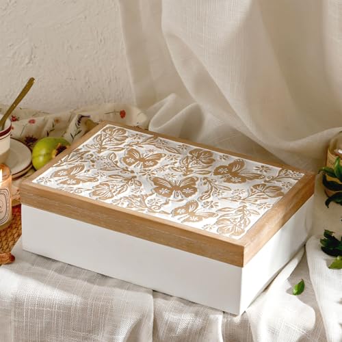 Synovana Wooden Keepsake Box - Decorative Wood Boxes with Hinged Lid, Butterfly Engraved Design, 10.24" W